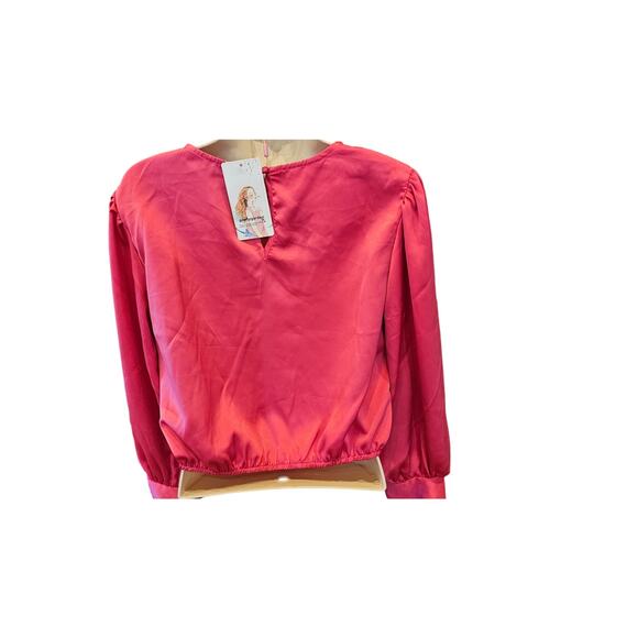 NWT prettygarden hot pink satin crop bubble long sleeve top M glam barbie NEW - Picture 2 of 9
